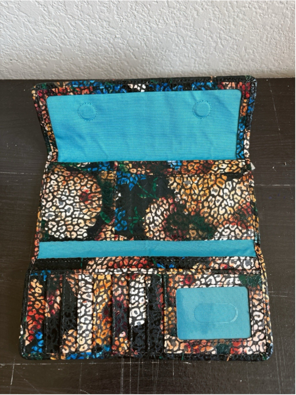 Hobo The Original Leather Trifold Wallet Floral Leopard Print Teal Lining EUC - Picture 7 of 8